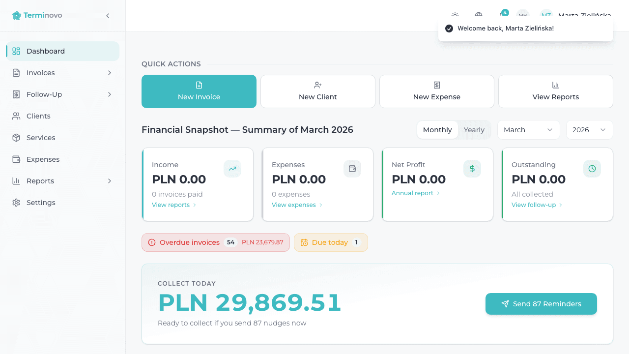 Panel Terminovo: automatyczne przypomnienia o płatnościach, przycisk Wyślij 76 przypomnień i lista zalegających klientów