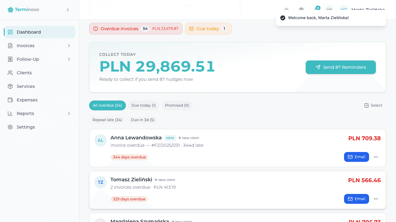 Panel Terminovo: automatyczne przypomnienia o płatnościach, przycisk Wyślij 76 przypomnień i lista zalegających klientów