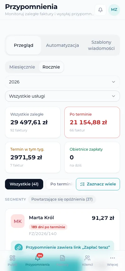 Ekran przypomnień z kartami klientów, sugerowanym kolejnym krokiem i przyciskami e-mail, SMS, link