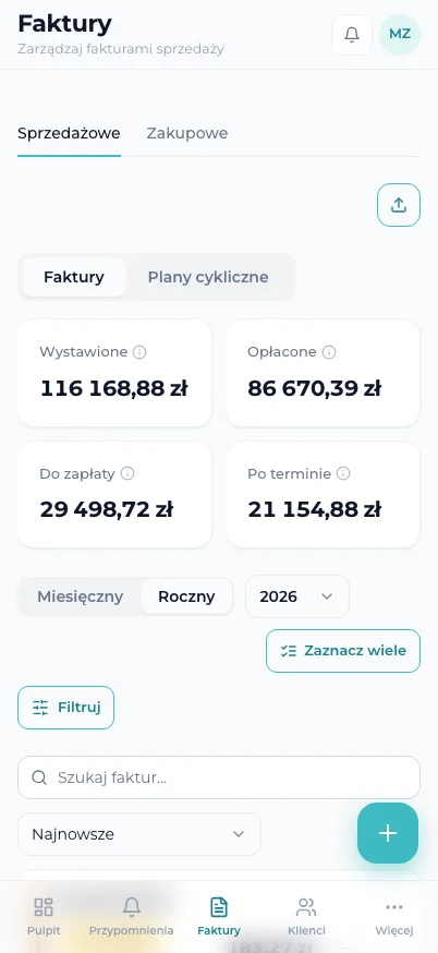 Lista faktur sprzedaży w KSeF ze statusami do zapłaty i opłacone oraz kwotami