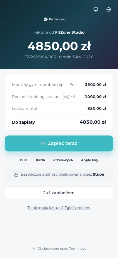 Strona płatności dla klienta z pozycjami faktury, przyciskiem Zapłać teraz i metodami BLIK, karta, Przelewy24, Apple Pay